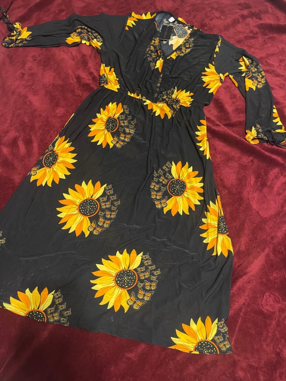 Nali Collection Black Sunflower Print Long Sleeve Midi Dress